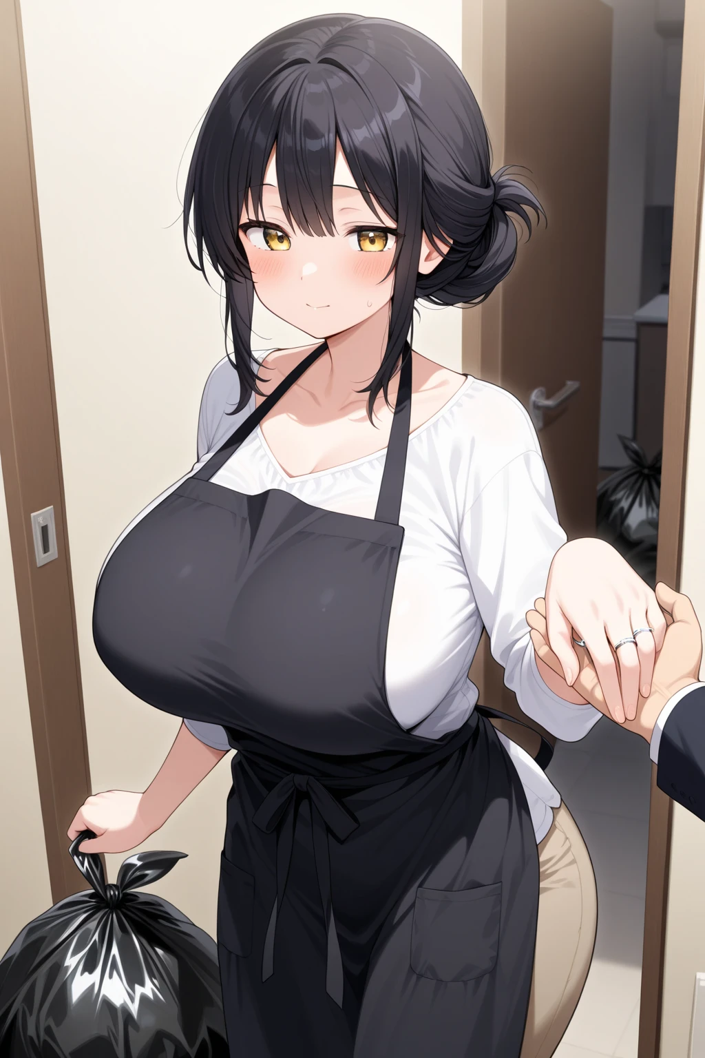 (Mature Woman:1.5), (mother:1.5), Ishtar, Fate Grand Order, (Absurd, 8k, 4K, Tabletop, Extremely detailed:1.2), highest quality, Perfect Anatomy,Perfect Face, High humidity, (alone:1.2), (Sweaty:1.3), shortness of breath, High humidity, humid, (Black Hair:1.1), Red eyes, Looking into the camera, (Very large breasts:1.5), Light clothing, apron, (kitchen;1.1), (Having a conversation:1.2), (Speech bubble:1.1), A kind smile, relief, peace of mind, mother性, Cooking, have a ladle, pot, pot-au-feu, Gentle look, nsfw