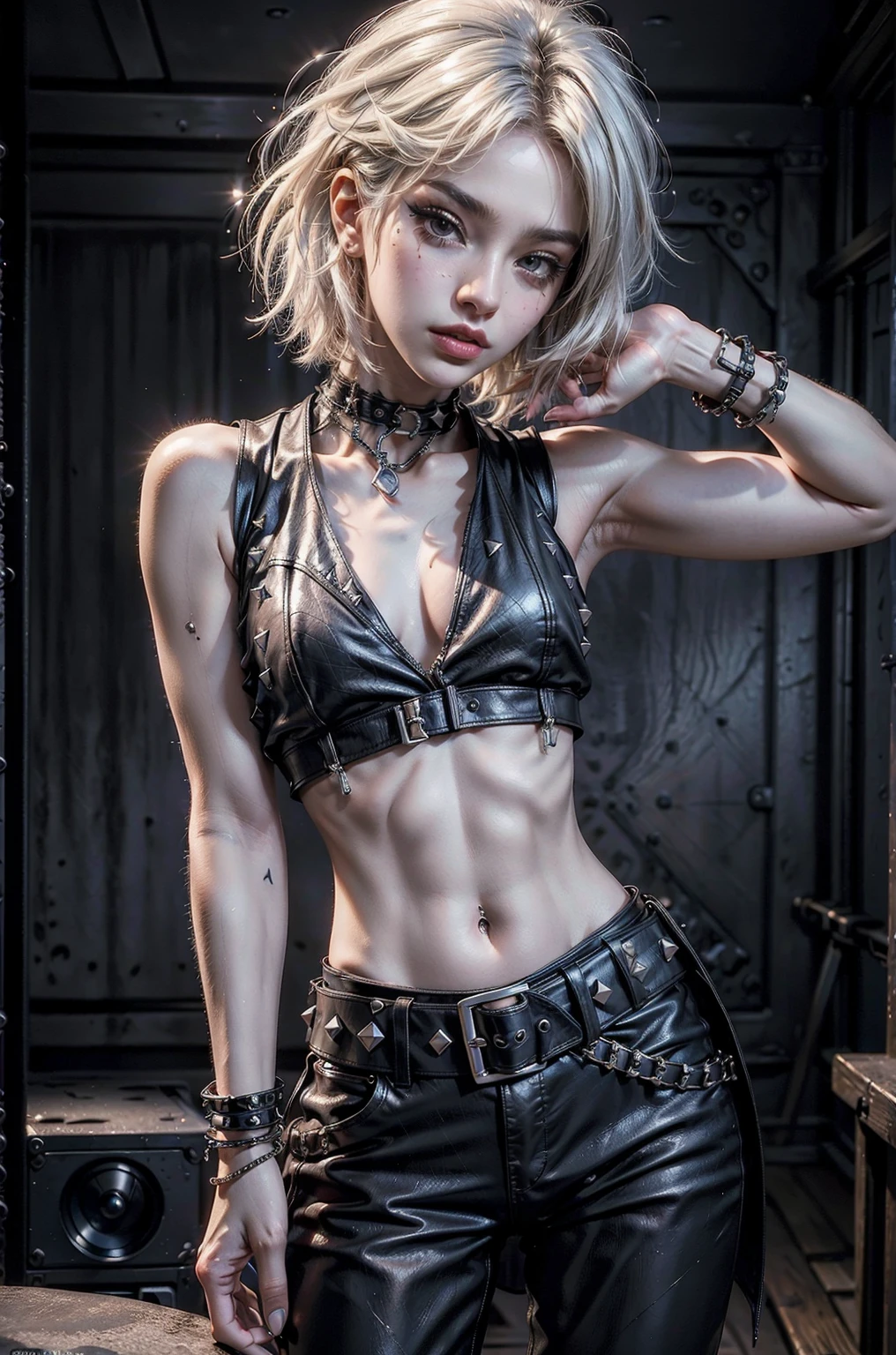 (Muscular:2.6), (thick thighs:2.4),
(goth girl:1.5), (big smile:1.7),
(dramatic makeup and punk hair:1.2),
(small breasts:2.5), (hard nipples),
(studded leather jacket and tulle skirt, choker:2),
looking at viewer, (three quarter view:1.5), (upper body view:1.2), standing up,
highrise living room, (nighttime:1.3), rim lighting, two tone lighting, dim lighting, soft lighting, bokeh, detailed skin, detailed eyes