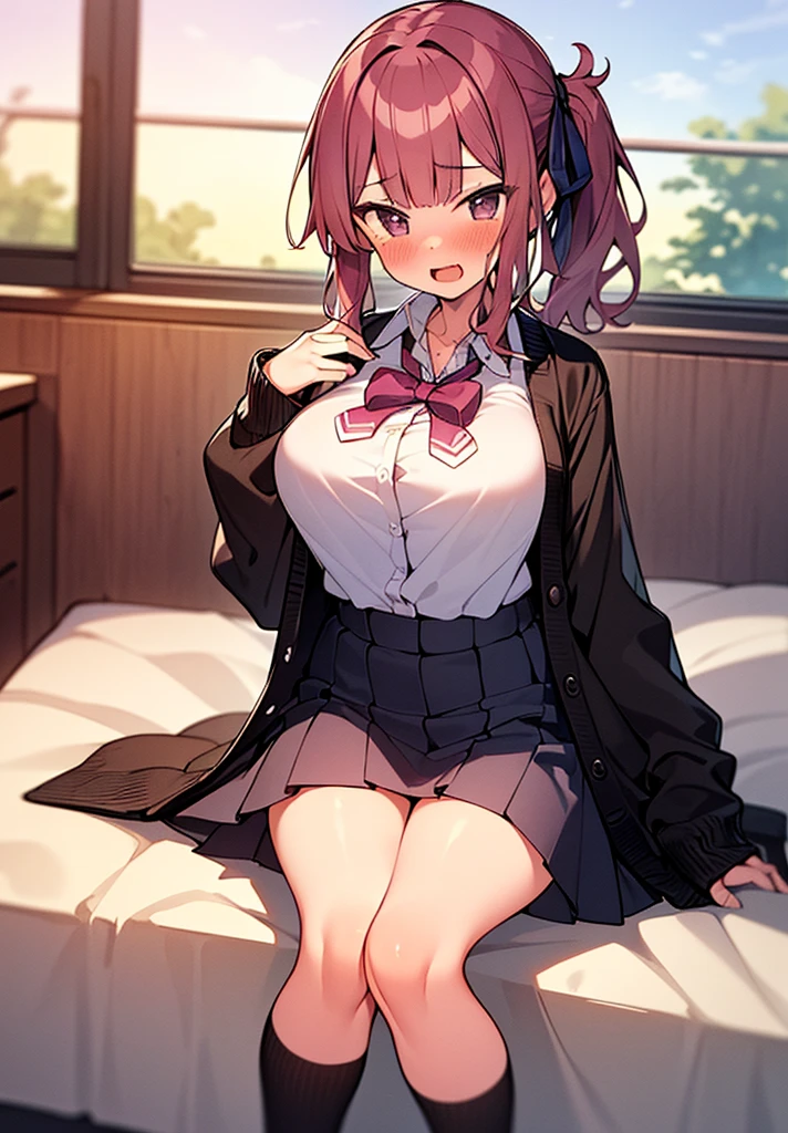 masterpiece, high-detail, top-quality, 超A high resolution, 1girl in, banya, length hair, Look at viewers, middlebreasts, on the beds,all-fours、Lying down、laying on back、Open legs、Pose Seductive、Sexual References、 the power(chain saw man), tag, cowboy shot, red blush, Crying face,Frustrated face、 Black tie, Blue jacket, trouser, demonic horns, cross-shaped pupils, Fluffy collared shirt, hair between eye, Black pants, (off shoulders:1.3), (partially_Unbuttoned:1.2), white shirt