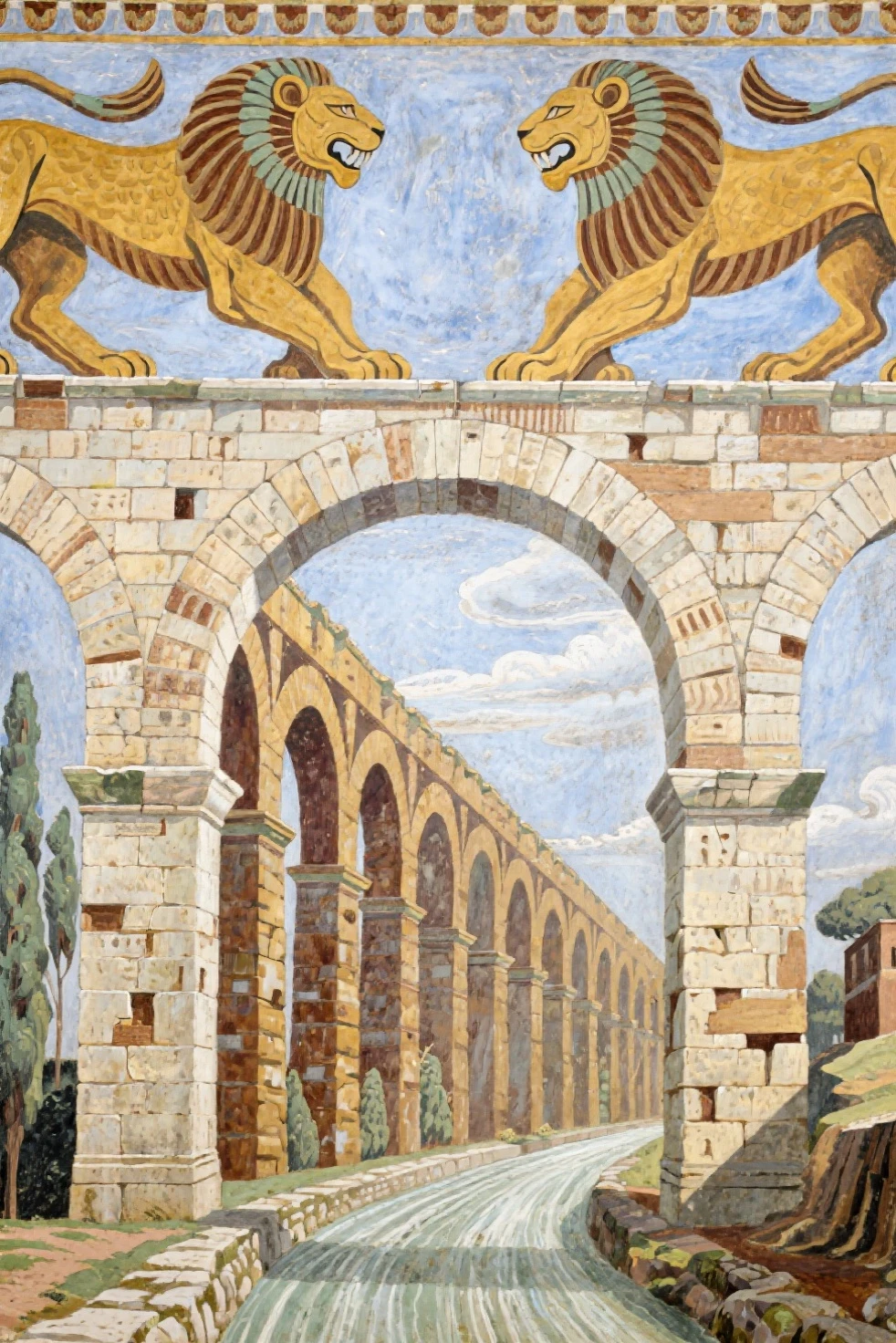 Best quality, masterpiece, highly detailed, Ancient Etruscan fresco style, Roman aqueduct with its arches resting on the arching backs of giant stylised etherial Etruscan lion spirits guardians.
