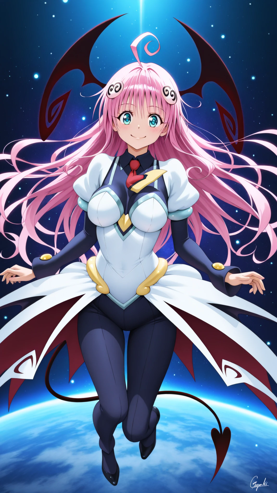 zero two \(darling in franxx\), darling in franxx, 1girl, bangs, bite, shadow, green eyes, horns, long hair, smiling, looking at the viewer, small breasts, big thighs, makeup, white bodysuit, pink hair, red eyeshadow, tight skin, solo