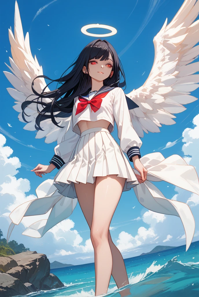 1 girl, 18-year-old, masterpiece, beautiful girl, Super detailed, highest quality, realistic, Transparent beauty, perfect face, detailed face, deep and fine eyes, sparkling eyes, (Shiny blue beautiful eyes with reflection), glossy black hair, Long straight floating hair, Expectant smile, blush, school sailor uniform, serahuku, crop top, (Floating mini skirt), white knee high socks, (big breasts), feather wings,angel wings, white wings, shot from below, looking at the viewer, morning, grassland,