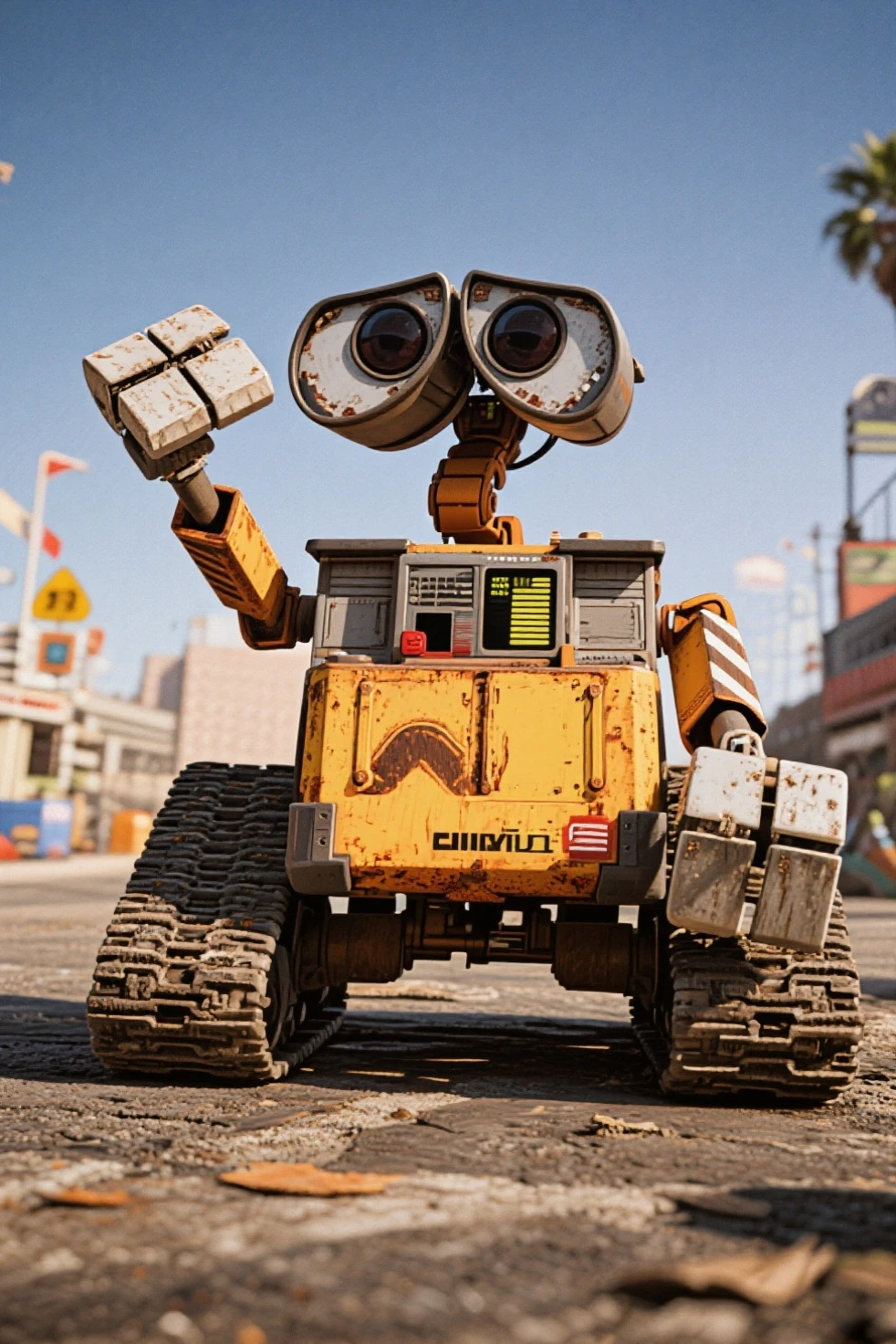 Wall-E, working to clean up trash, mountain of trash on background