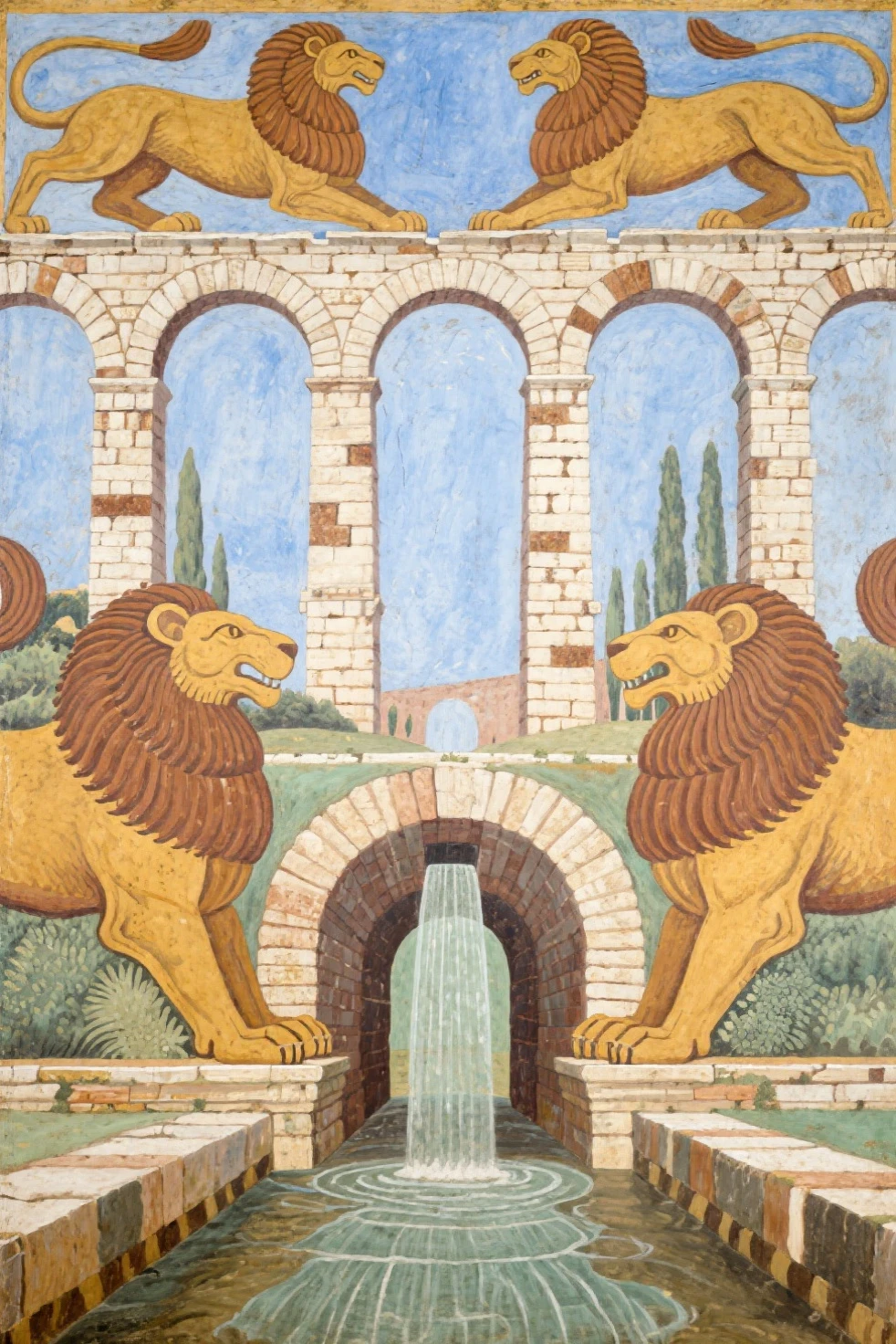 Best quality, masterpiece, highly detailed, Ancient Etruscan fresco style, Roman aqueduct with its arches resting on the arching backs of giant stylised etherial Etruscan lion spirits guardians.