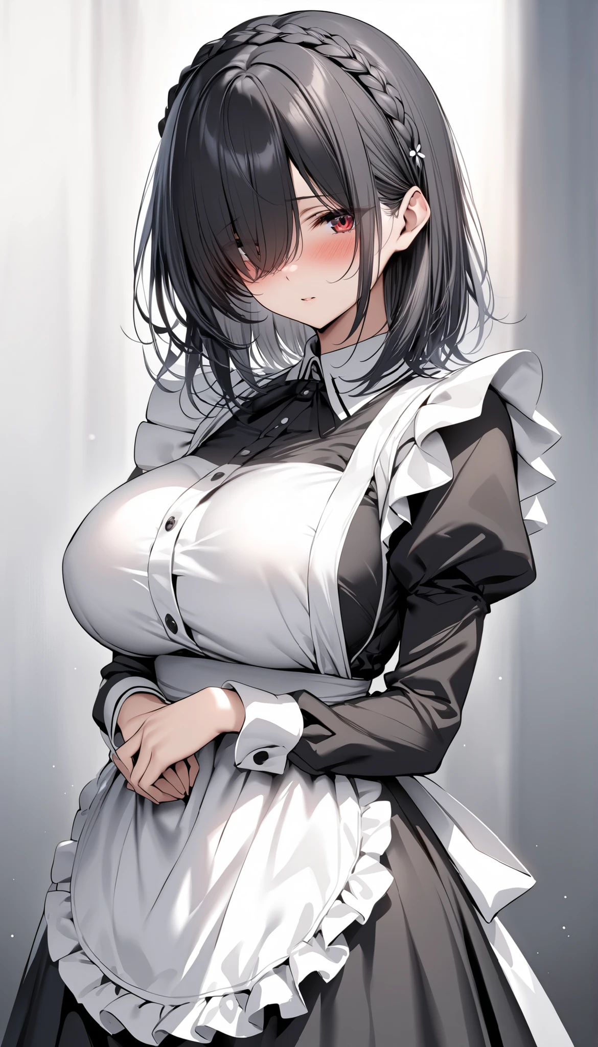 {{masterpiece}},high quality, 4K, 2D, 1 girl,{simple gray background},(attractive mature lady:1.5),milf,standing,sagging breasts,(gigantic breasts:1.5),maid,front face,{{tareme}},attractive mature lady,black hair, {from right in front of face and body},View viewers from front,{front facing shot},Wear glasses,(serious:0.1)