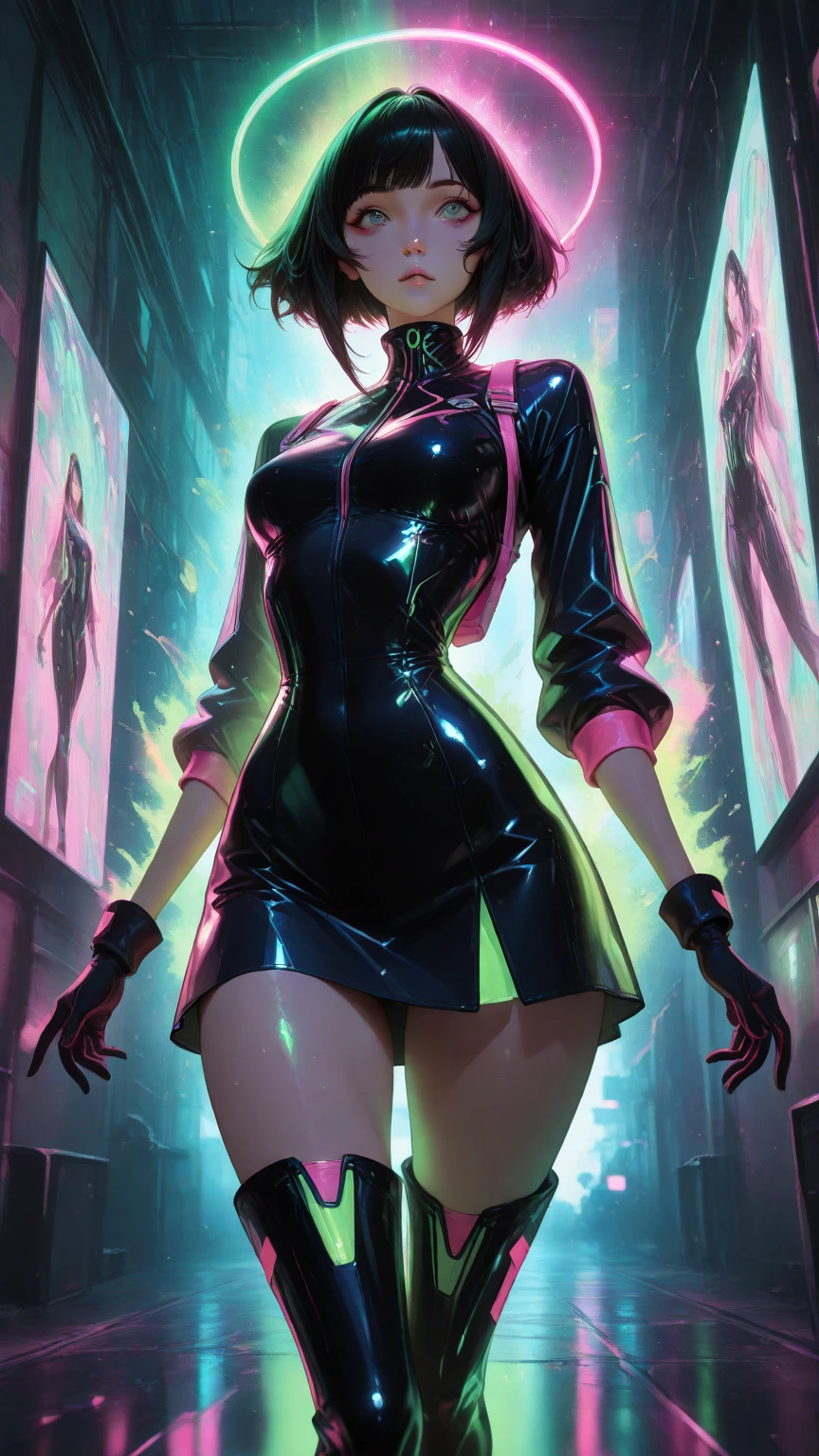 Ultraman Woman. （high quality）（Gloss）（Emerald and pink theme colors）（Blue Hair. Skin-colored mask）women only. Her entire body is covered in an emerald-colored bodysuit.. Pink lines all over the body. Red eyes. Glowing blue crystal.  emphasize the navel. Dark Background.