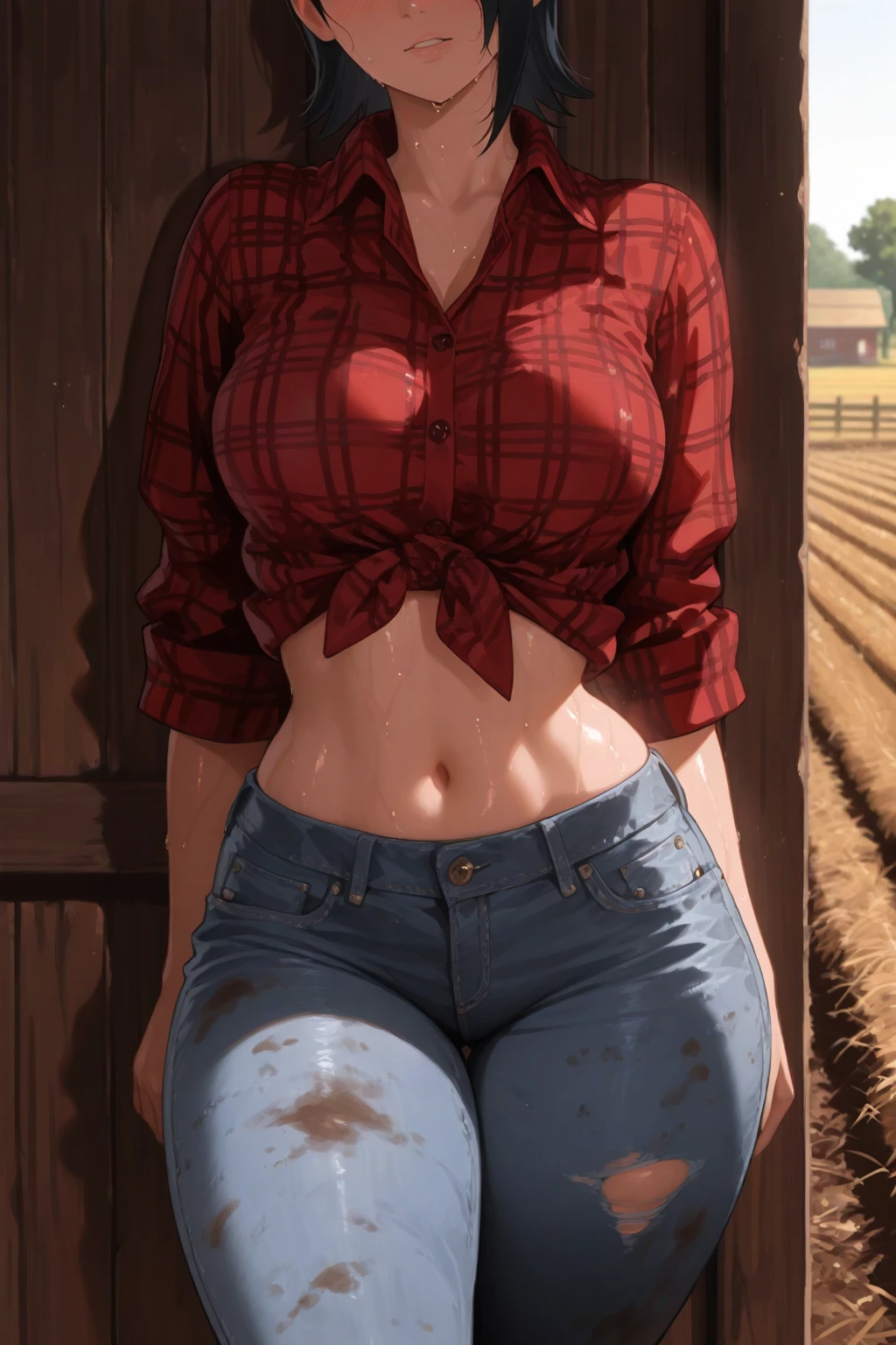 Masterpiece, art, full body shot, young beautiful girl, flawless skin, textured skin, medium firm breasts, perfect proportions, cowgirl, plaid shirt, jeans, boots, hat, gloves, farmhouse, sunshine, blue sky, pumpkin patch, anime, sexy, erotic, UHD resolution, realistic detail, realistic reflections, realistic shadows, 3D, long blue hair, big blue eyes