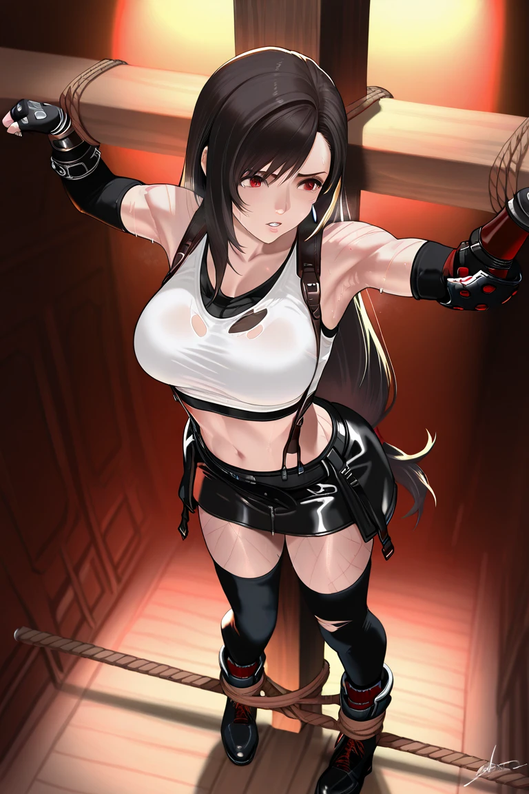 Superhero Landing,1 Girl, Solo, Very Long Hair, Black Eyes, Masterpiece, Perfect Anatomy, (Captain America Costume:1.1), Moderate Hips, Leather Pants, Left Hand Clasped, Battlefield, Movie Lighting, 8k, Best Quality, Anatomically Correct, Night, Big, Shackles, Shackles, Hanging Body, Anxious Expression, Prison in a Dark Dungeon, Captive, Whip, Torture Chamber, Big Breasts , Heavy sweat on the body, blush, teary eyes, sister, chained, heavy sweat on the face, collar, triangular wooden horse, torture instrument, shibari, large cleavage, breast hollow, slave collar, chain around the neck, lewdness, makeup, large shiny breasts, curvaceous but slender, dark background, hanging in the air, open legs, M-shaped legs