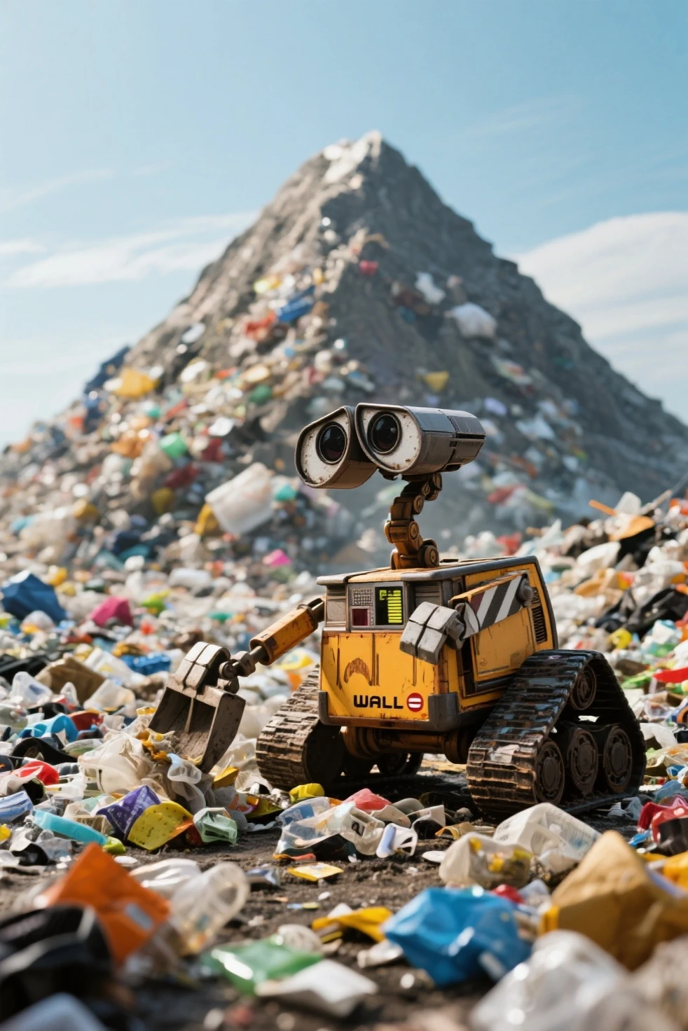 Wall-E, working to clean up trash, mountain of trash on background