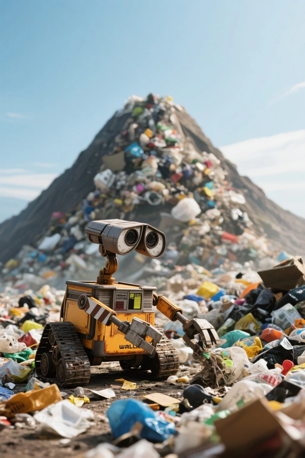 Wall-E, working to clean up trash, mountain of trash on background
