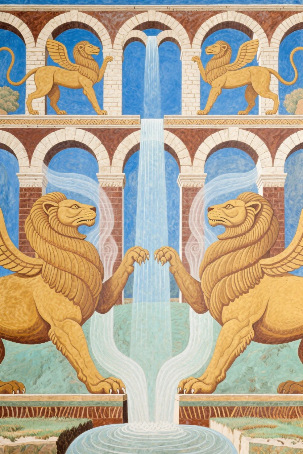 Best quality, masterpiece, highly detailed, Ancient Etruscan fresco style, Roman aqueduct with its arches resting on the arching backs of giant stylised etherial Etruscan lion spirits guardians.