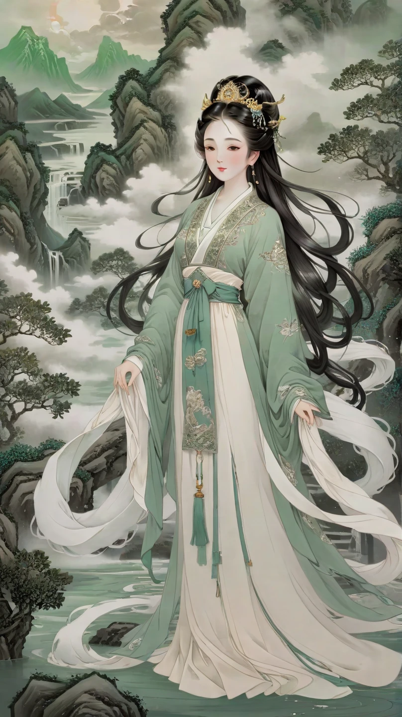 shukezouma, Negative space, , shuimobysim , Portrait of a woman standing , Willow branches, (Masterpiece, Best quality:1.2), Traditional Chinese Ink Painting, ModelShoot style, Peaceful, (Smile), view the viewer, wearing long hanfu, Hanfu, Song, Willow tree in background, wuchangshuo,Full body like,