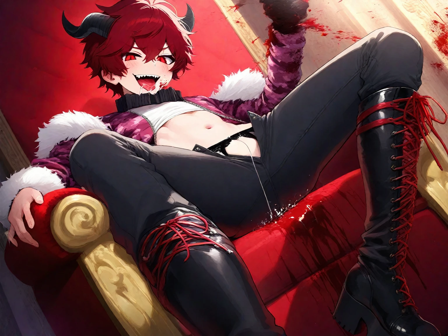 lewd male devil。fullnude。Full erection。Lying down、Spread your crotch、I'm showing off my