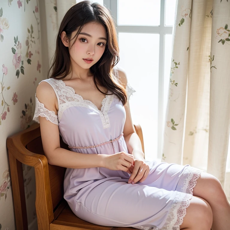 White Room、Vermilion floral lace chiffon dress、(Highest quality)、((Very detailed))、4K、(8K)、masterpiece、Very detailedな、Highest quality、Super Resolution、1 person、Kind Face、Soft Light、RAW quality、Soft Skin、163cm、30 years old、Thighs