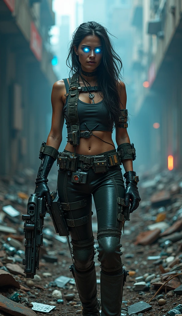 High Quality ultra realistic image of a woman.  The woman is a mixture of native american and jewish.  Strong features, fair skin.  Dark brown curly hair, dark eyes.  The woman is dressed in semi-futuristic combat attire.  She has guns and knives strapped around her body.  The beautiful woman has a smirk.  Her eyes glare with hate.