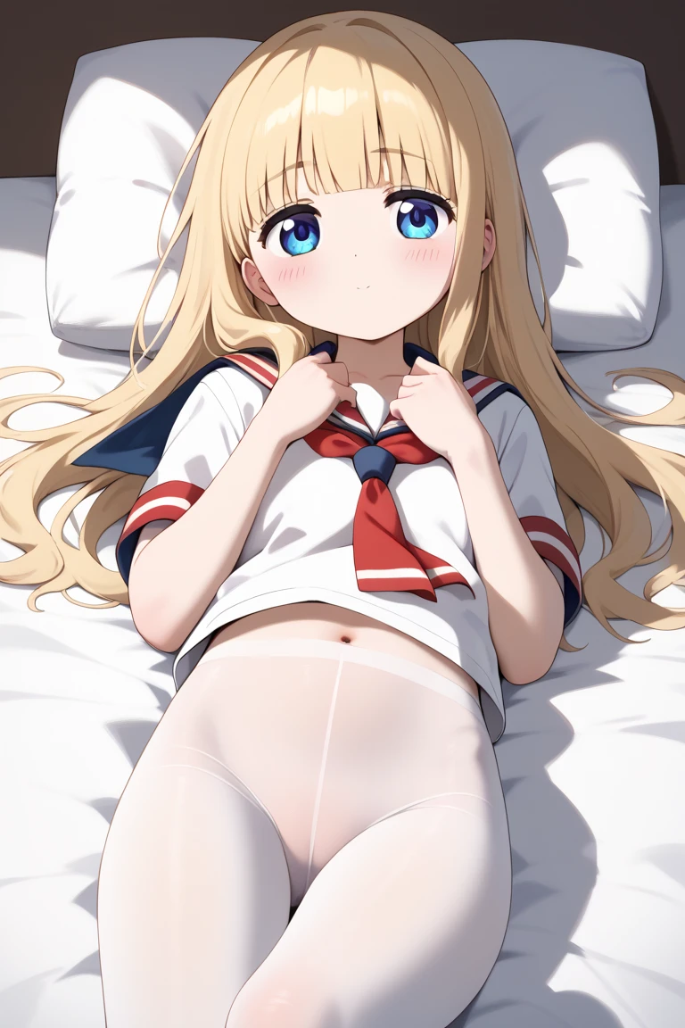 Masterpiece、Anime Coloring、Ultra fine、8K、White Bikini、Lie down on the bed、Raise your arms、blush、