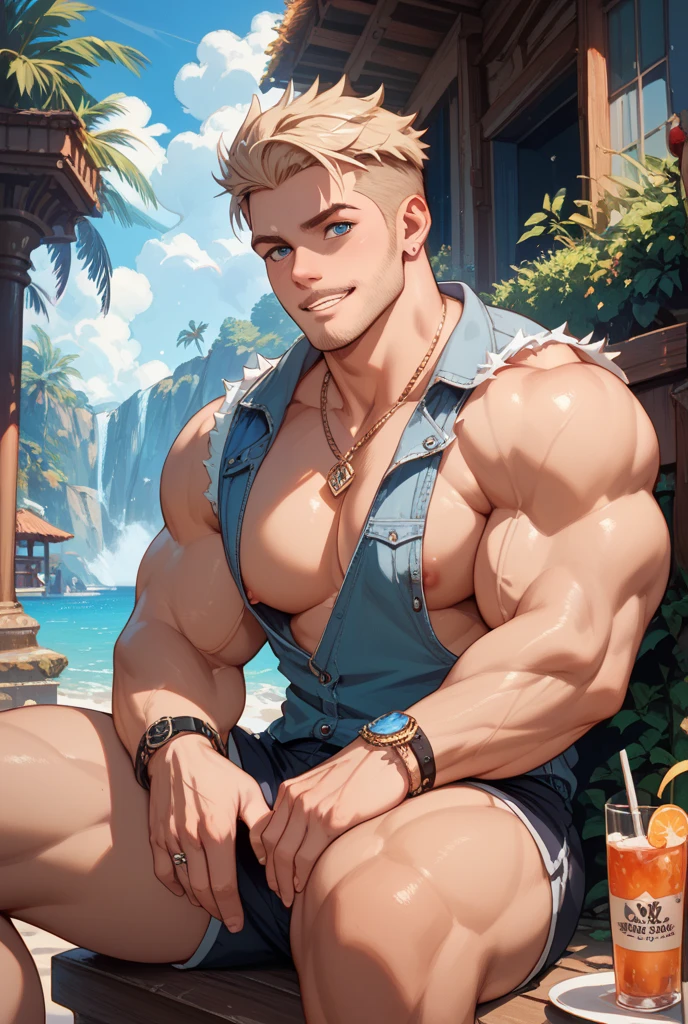Landscape photo of complete scene,Exquisite tropical scene,lifelike,(masterpiece,top quality,best quality,official art),Very detailed,rich and colorful,most detailed,God,shorter hair,blonde,Handsome man,gold necklace,Shirtless,suburbs,blue sunglasses,muscle,Chest muscles,Ethnic style tattoo,Nipple rings,Tropical plants,many bird of paradise flowers,tropical style