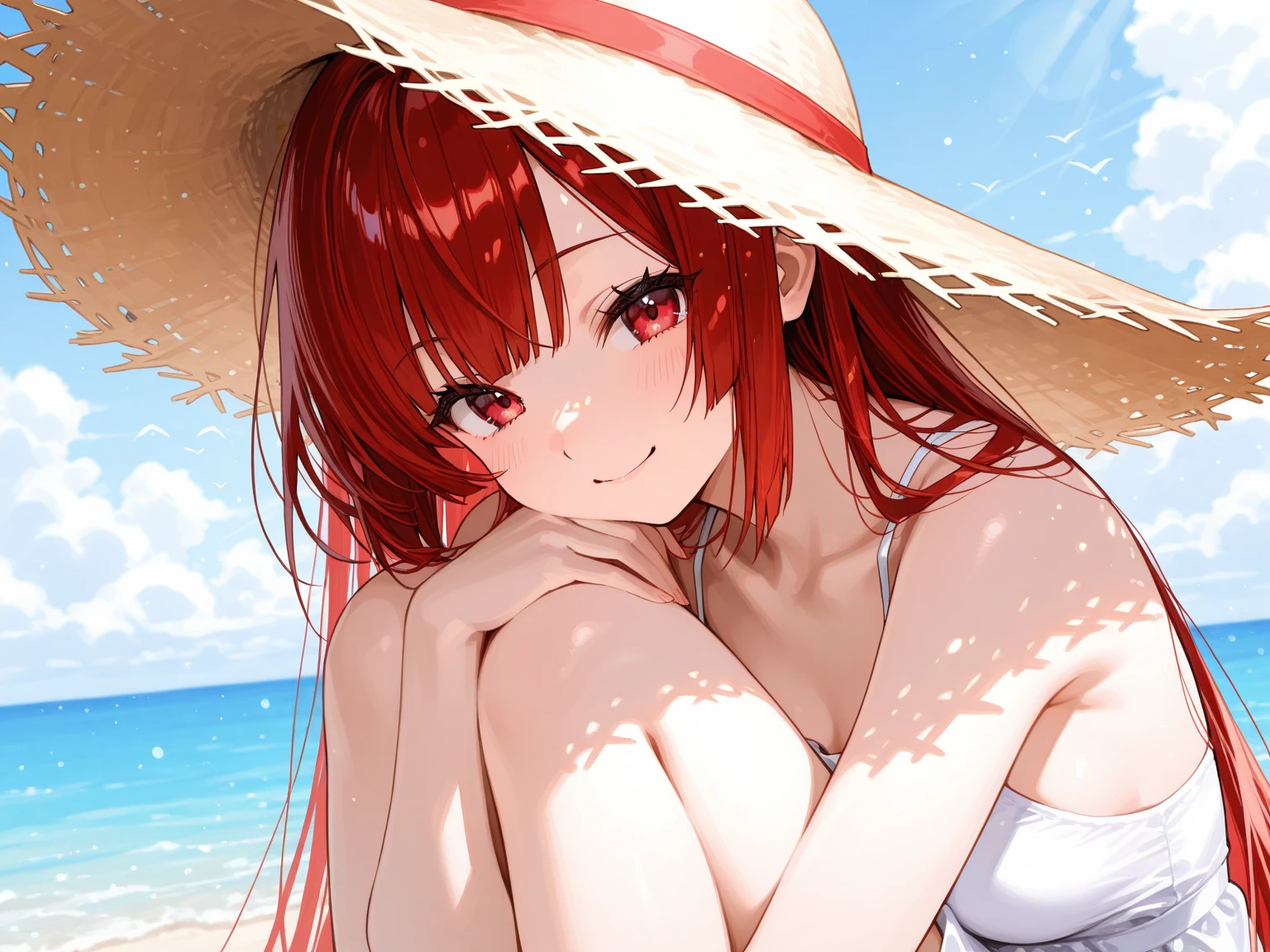 ((1 Girl)), (((vampire))),Sit cross-legged, White Hat, White swimsuit, Navel exposed, Bright smile, Open your mouth, teeth, Lively expressions, White skin, Parasol,Beach, Midsummer, Bright sunlight ,((Very detailed,Highest quality, High resolution, 8k wallpaper, Beautiful clothes,)),(Very bright red hair, Shoulder-length hair, boyish,Bouncy hair, ((Asymmetrical bangs)) ,(Bright red eyes),eye shadow, eyeliner,Glowing Eyes, Very detailedな目, Complex eyes, Beautiful Eyes, Shining bright eyes、14-year-old girl