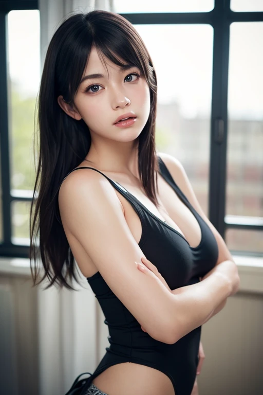 (Photorealistic:1.4), (Masterpiece, Sidelight, Exquisite Beautiful Eyes: 1.2), Masterpiece*Portrait, Realistic, 3D Face, Glistening Eyes, Glossy Hair, Glossy Skin, Solo, Embarrassing, (Abdomen), small breast