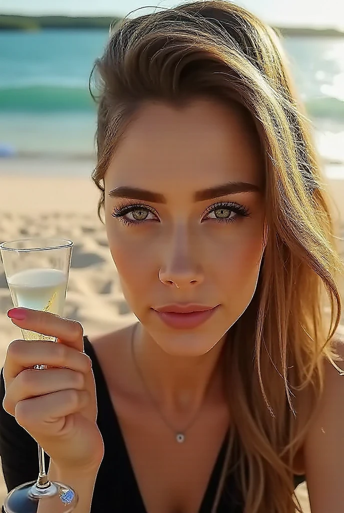 A woman dancing, Brazilian on a lush tropical beach, with a close-up capturing the harmonious beauty, showing off your natural charm and outgoing personality.
making a silence signal with your hand, with your finger in front of your mouth.