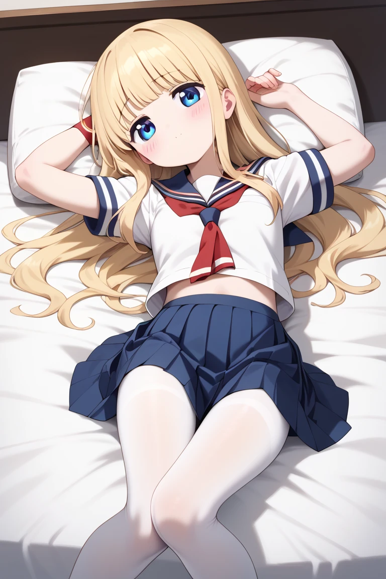 girl with:I'm a pretty girl with blonde hair and blue eyes.。I'm about 8 years old。wearing white frilled blouse。She wears a blue ribbon around her neck.。in classroom,lying down on the desk。upskirt,detailed race panties showing,((cute panties)),((detailed race panties))