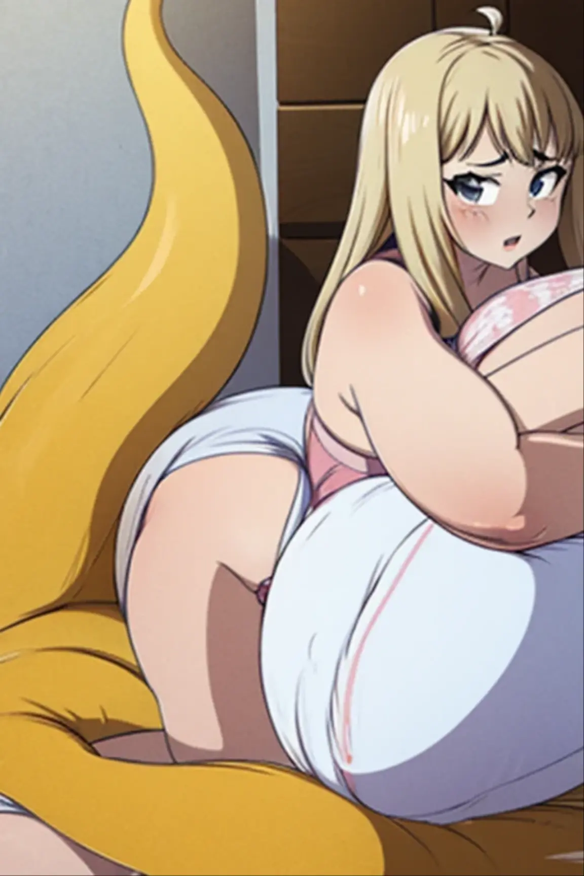 Anime woman enormous bloated diaper mess, huge breast, huge pregnant belly , white bra, back end, pov