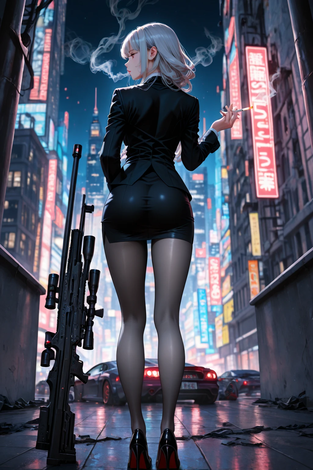 A woman in school uniform,Beauty Women,,Black as night hair and pink hair,A woman is standing..,from the front, Spread your legs,They have a pistol,Cyberpunk art inspired by Masamune Shirow, Pixiv Topics, graffiti, Fascinating anime, Wearing white stockings, 美しくFascinating animeのティーン, 美しくFascinating anime女性, Very exquisite work of art, Splash art anime , Adult Style, Top rated on pixiv(Masterpiece,Highest quality,Highest quality,4K)