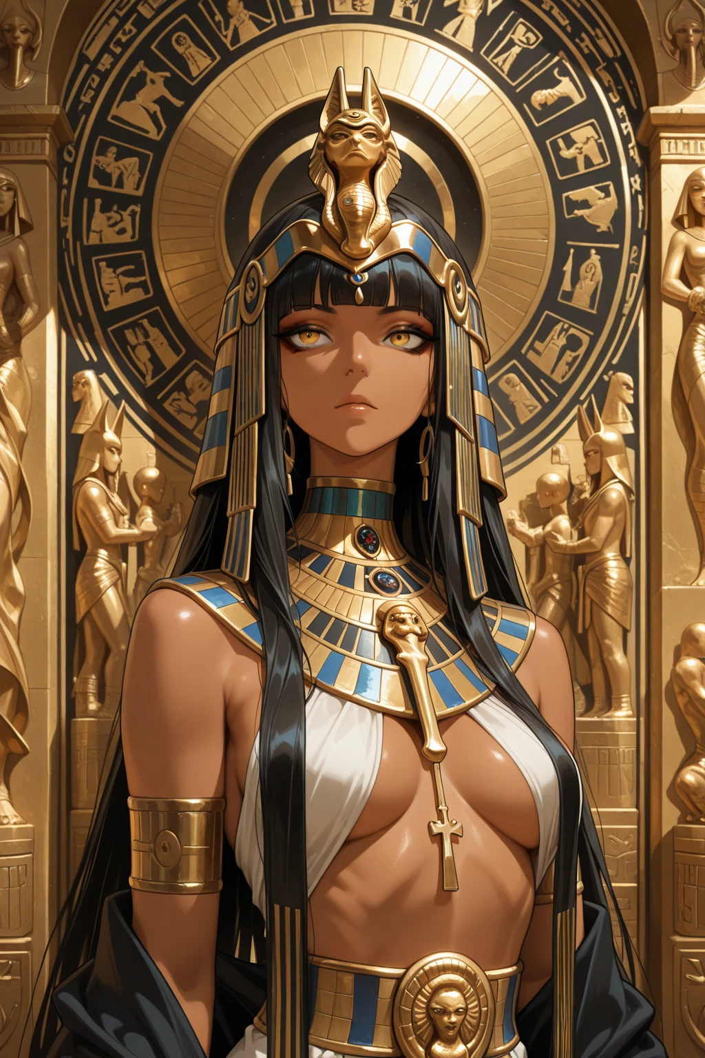 masterpiece,highest quality,Ultra high definition, one women,Cleopatra, Egypt, queen, Ptolemaic, ancient, beauty, luxury, crown, necklace, gold, jewelry, Nile River, pyramid, desert, myth, gods, hieroglyphics, black skin,black skin,dark skin,Purple eyes, elegantly dressed woman,smile
