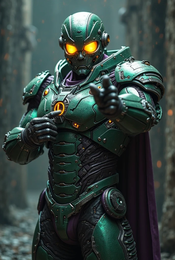 Make an alien race, as if it were a zombie, with futuristic clothes and equipment. as if they were living dead. its skin is green and in necrosis. Furthermore he must be strong. with the appearance of a monster and has the appearance of a general