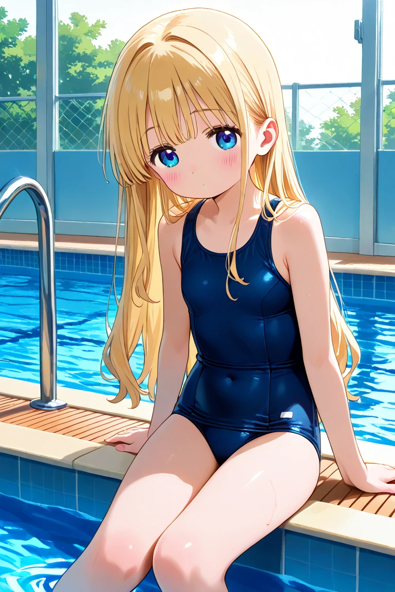 、Poolside、Blonde Hair、Long Straight Hair、The trendy navy blue school swimsuit、American、18-year-old、Wet with water、Blue Eyes、A shy smile、Are thin、super style、A strong-eyed face