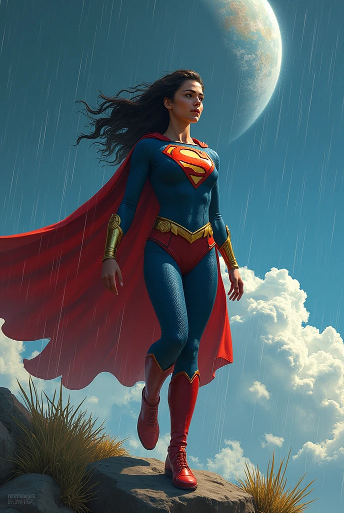 , Marvel Cinematic Universe , (best quality), (masterpiece), (intricate),realistic, sashacalleKaraZorelQuiron,  standing with feet together, arms raised above the head, and body slightly bent ,    colorful, highly detailed,  superhero action movie scene,