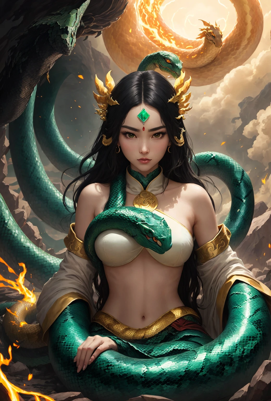 masterpiece, best quality, {best quality}, {{masterpiece}}, {high resolution}, Japanese cartoons, 1 Girl, Adult women,(((Full breasts,)))(((Large Breasts))) Expose((Cleavage)), attractive, Dissonance, 羽snake神, Kukulkan, snake神, dragon, snake, 飛翔的feather, feather, Aztek, Air, Air, thunder, thunder