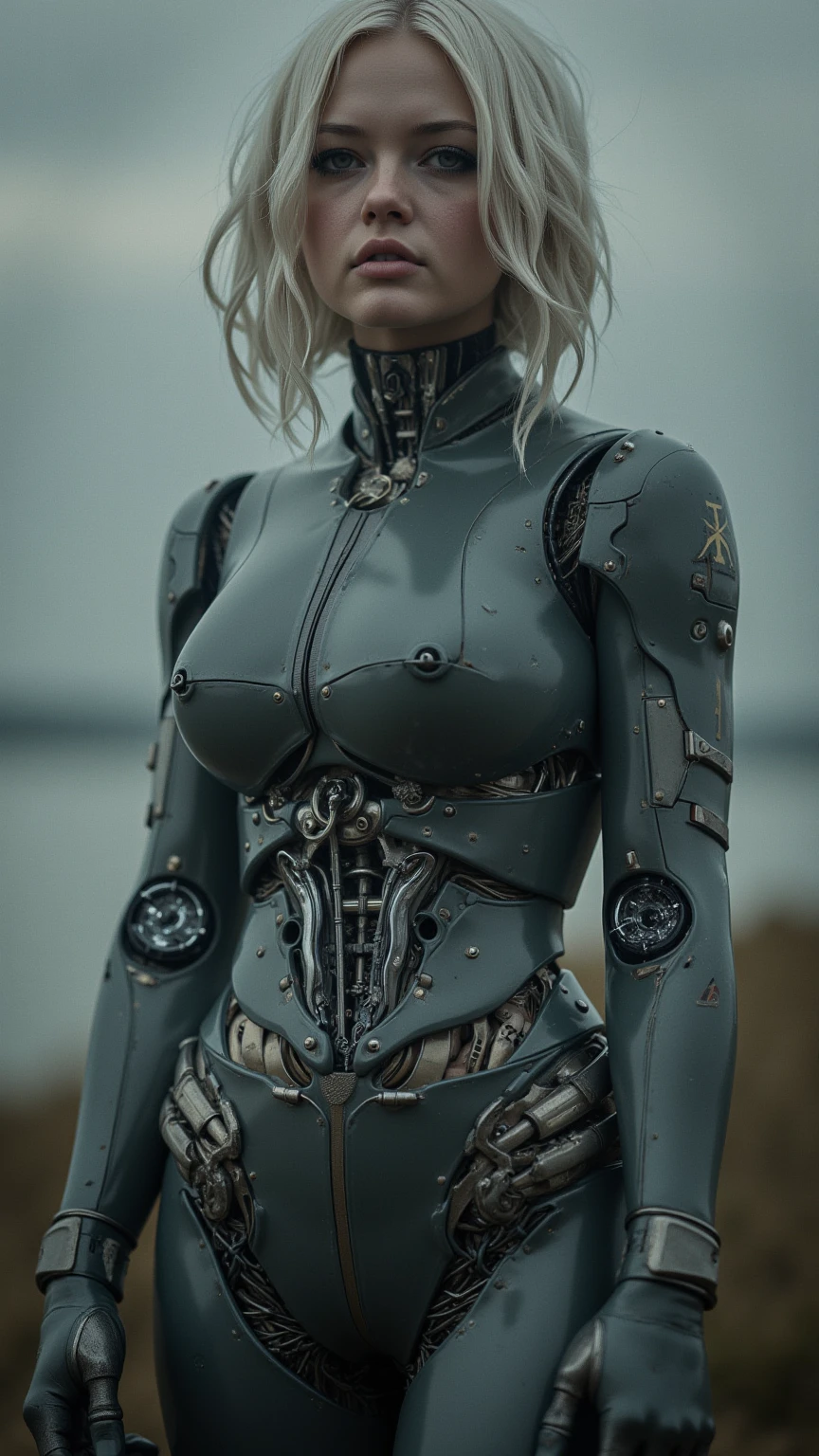 ((best quality: 1.5)) ((masterpiece: 0.8)), intricate details, sharp focus, professional, photorealistic, real life, realistic representation of the face, ((((solo, 1girl) athletic assassin, (albino, albino, upset expression, metallic lipstick, (mechanical arm, cyborg, [flat chest:medium breasts:0.3], underboob))))) bright glow, dynamic pose, ugly face, in the style of realistic and hyper detailed renderings, dark room, dark background, black background, solo, BREAK; BREAK ((((smirking, dark wavy hair, blackout gothic eyeshadow, black lips)))), (freckles: 0.7), ((body tattoo: 0.3)), ((fujicolor)), BREAK; BREAK ((((medieval (matte green armor:1.0, ((blades))), (underboob)), photorealistic, hyper-realistic)))