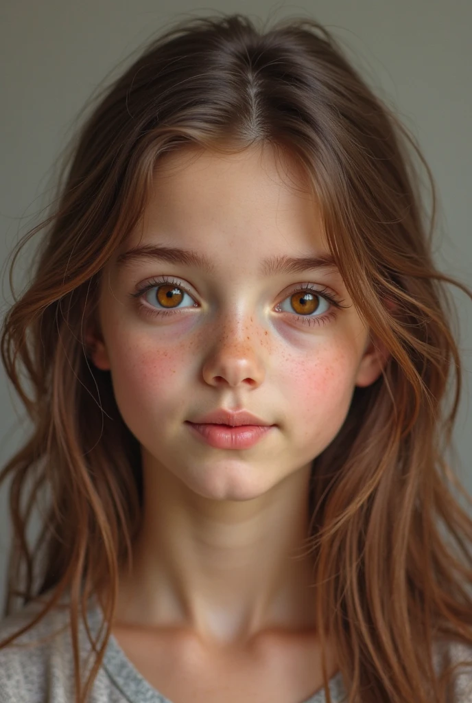chestnut hair, hazel coloured eyes, little freckles, female , smooth skin, no eye bagsq