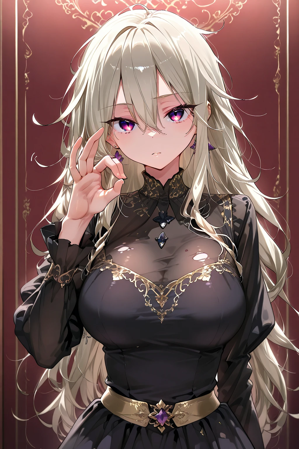best quality,best resolution,(young :1.6),(white hair :1.6),long hair,wavy hair,yellow eyes,glistering eyes,sparkle eyes,ultra detailed eyes,(black dress with gold floral embroidery),batwings,heartshaped tail,2 horns,heart collar,glasses,floral hair ornaments,gold bracelets,gorgeous bedroom stars surrounded,romantic light,full face blush,looking at viewer,heart expression eyes,heart eyes,seductive face,smile,open mouth,fangs,close up,face to face,two hands selfie,solo