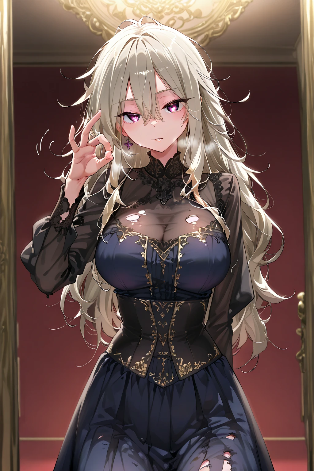 Best quality, highly detailed, masterpiece, super detailed, (realism: 1.2), 1 girl, (white background), simple background, delicate eyes, silver hair, purple eyes, hair_ornament, (white off-the-shoulder shirt: 1.3), long hair, pointed ears, crown braids, expressionless face, straight hair, (++ sitting: 1.2), big breasts,
