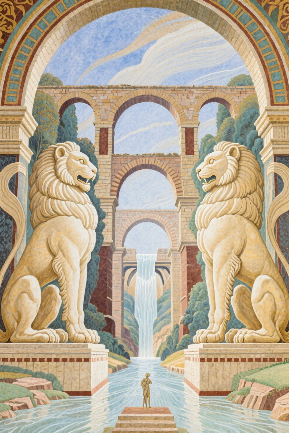 Best quality, masterpiece, highly detailed, Ancient Etruscan fresco style, Roman aqueduct with its arches resting on the arching backs of giant stylised etherial Etruscan lion spirits guardians.