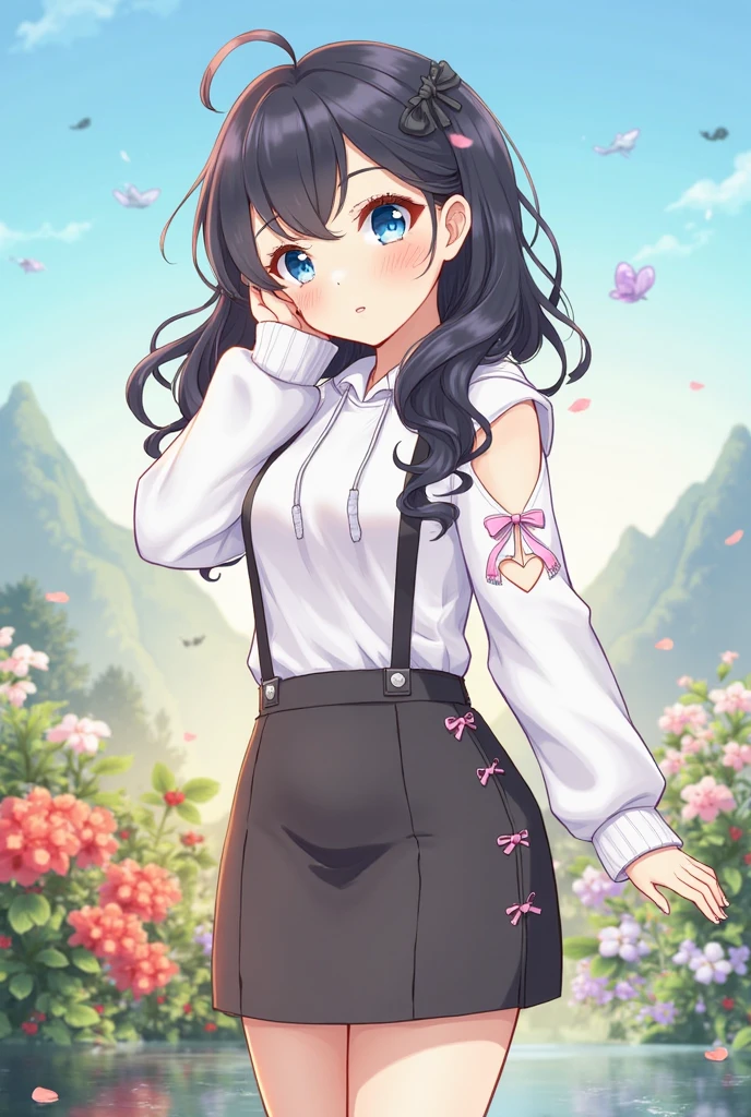Detailed image, realistic image, coherent image, 1 elf. She has long black hair combed in 2 pigtails, blue eyes. She is smiling sensually. She has a curvy body, medium breasts, wide hips and thick thighs. She is dressed in a long-sleeved T-shirt and pleated mini skirt, stockings to mid-thigh. Kneeling with legs spread, arms tucked behind her, breasts sprouting. Urban background full of buildings, cherry trees and petals falling around her. Natural light, ambient light, detailed shadows,