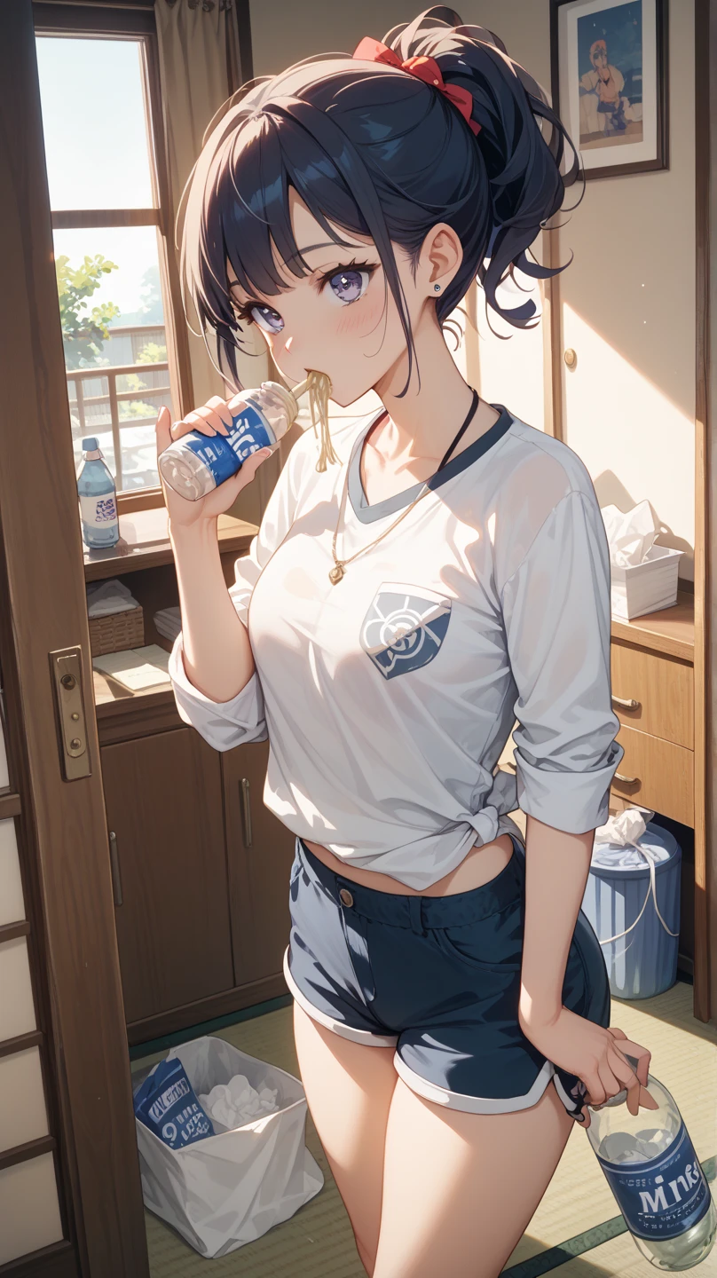 ((masterpiece,Best quality))1 girl, One, bookshelf, A stack of books, Suzuno, in room, Bottle of water in hand, drinks water from a bottle, spills water,wet face,wet neck, Sports topic, short shorts, stockings, hair ornament, Young, Red eyes,