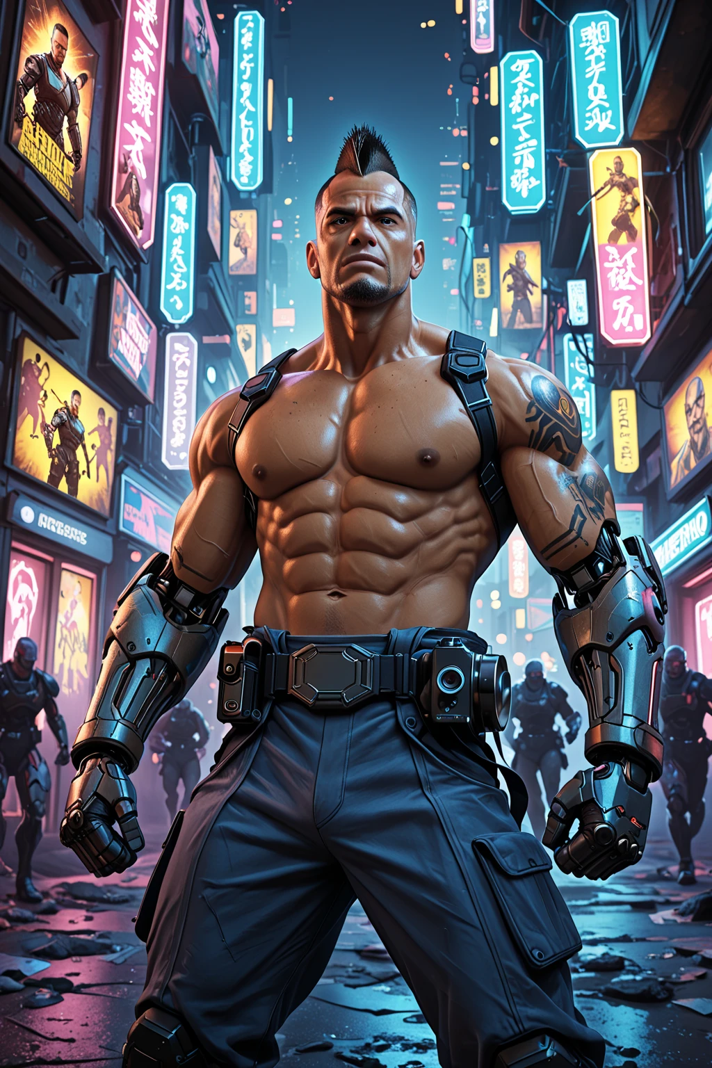 Mike Tyson as a futuristic robot, cyberpunk, cyborg, futuristic landscape, futuristic skyscraper,fire emblem, fire flame, smoke in the background, and a burning chain in the hands of mike Tyson, neon lights, super realistic image, focus on the details of cyborg, futuristic landscapes, fire flame, burning chain, hyper realism, 4k,8k imageundefined, undefined, 