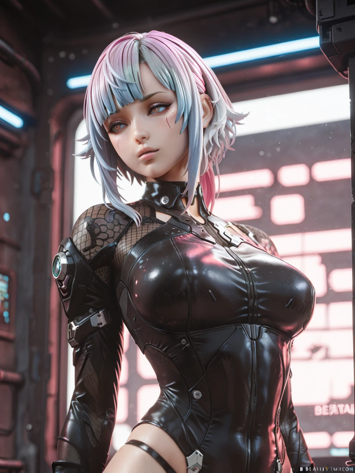 (((masterpiece, best quality, 16k))) anime girl in tight hightech cyberpunk space suit, few armor parts in shoulder, arms, legs, no helmet, medium purple hair, teal eyes, view from above, space full of stars, planet, moon, and other space effects background, light aura, some fog, light effects.