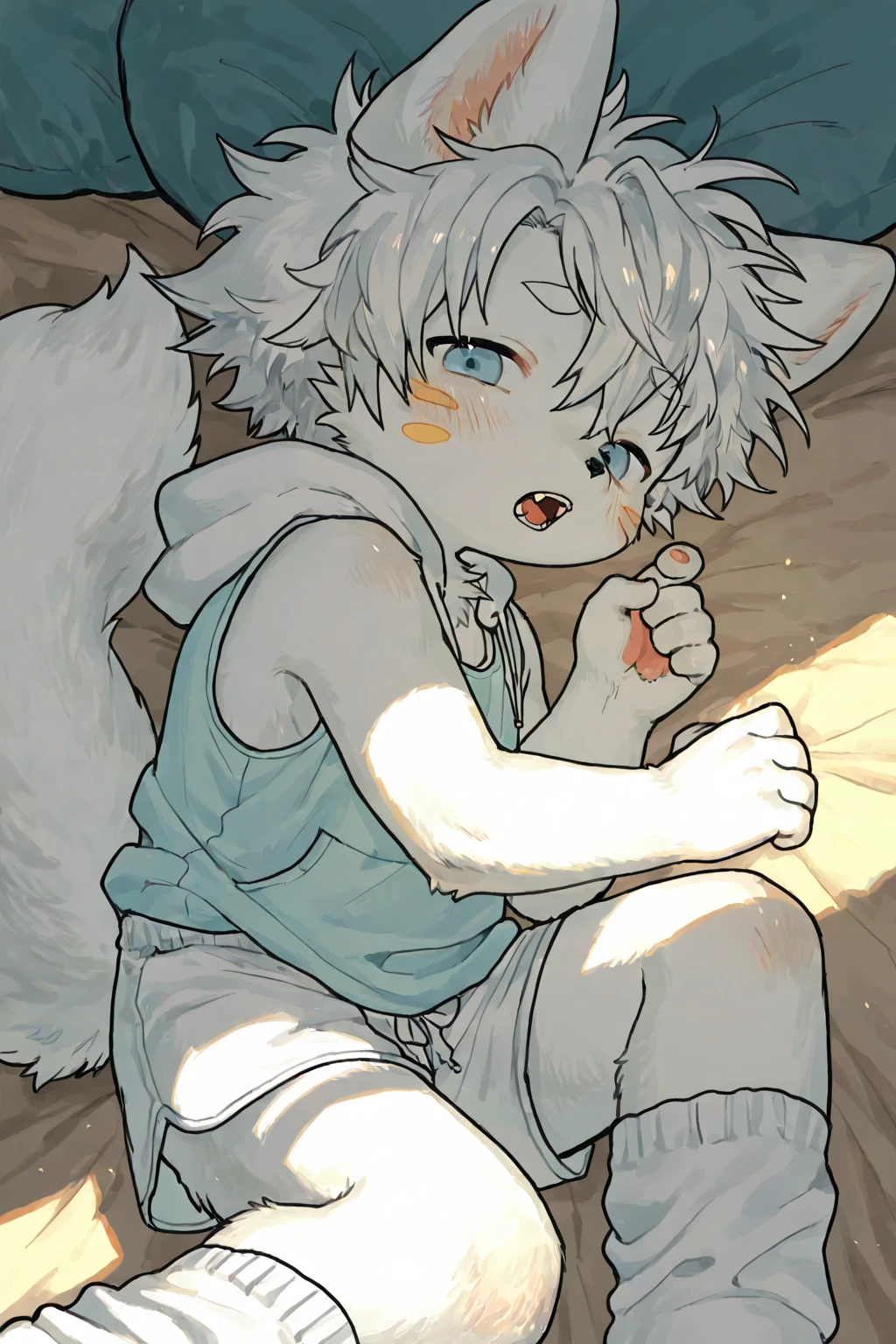grey hair, orange eyes, a human boy, wearing a tank top and shorts, a confused face, skin becoming grey and furry, wolf ears, wolf tail, lying on the ground, crying