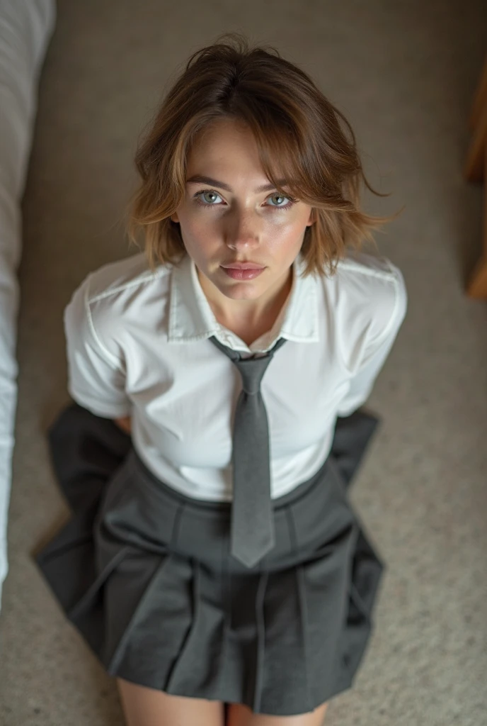 Realistic photo from above of an 18-year-old Caucasian woman with short light-brown hair. She is kneeling in a bedroom. Her arms are behind her back. She is wearing a tight white shirt. She is wearing a dark-grey tie. She is wearing a dark-grey pleated miniskirt.