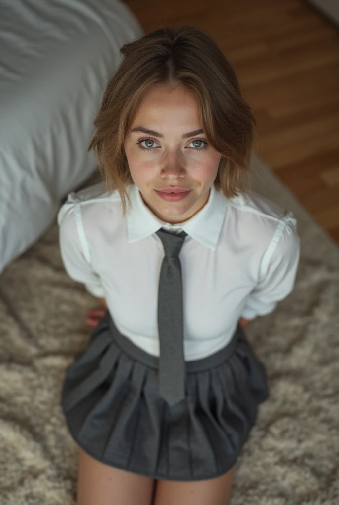 Realistic photo from above of a slim pretty 18-year-old Caucasian woman. She has short light-brown hair. She has small breasts. She is wearing a tight white shirt. She is wearing a dark-grey tie. She is wearing a dark-grey pleated skirt. She is kneeling in a bedroom. She is looking up to the camera. Both hands are behind her back. Her mouth is slightly open.