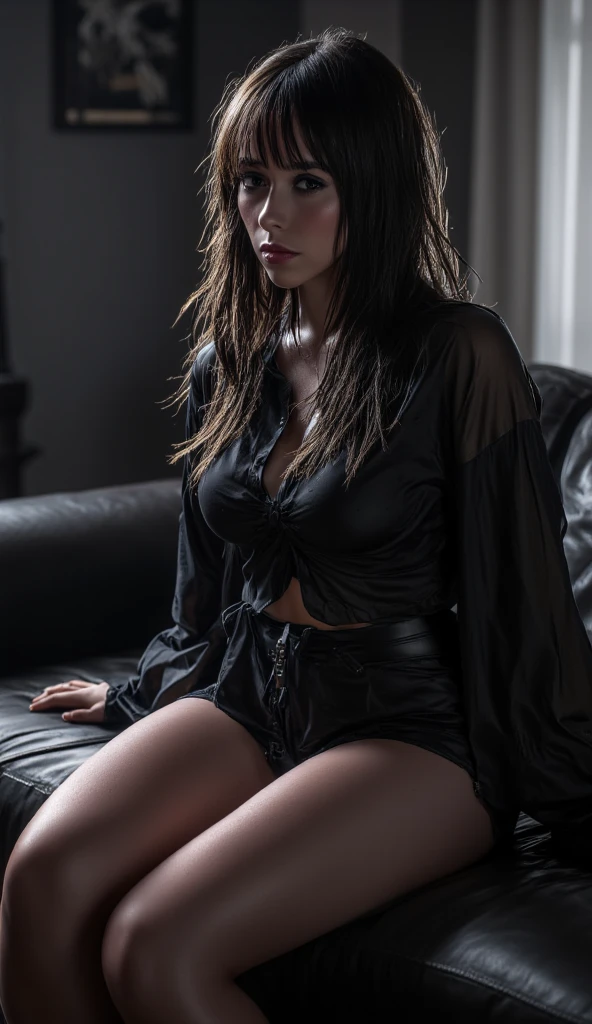 Erotic goth black woman with fishnets short skirt and boots sitting on the sofa