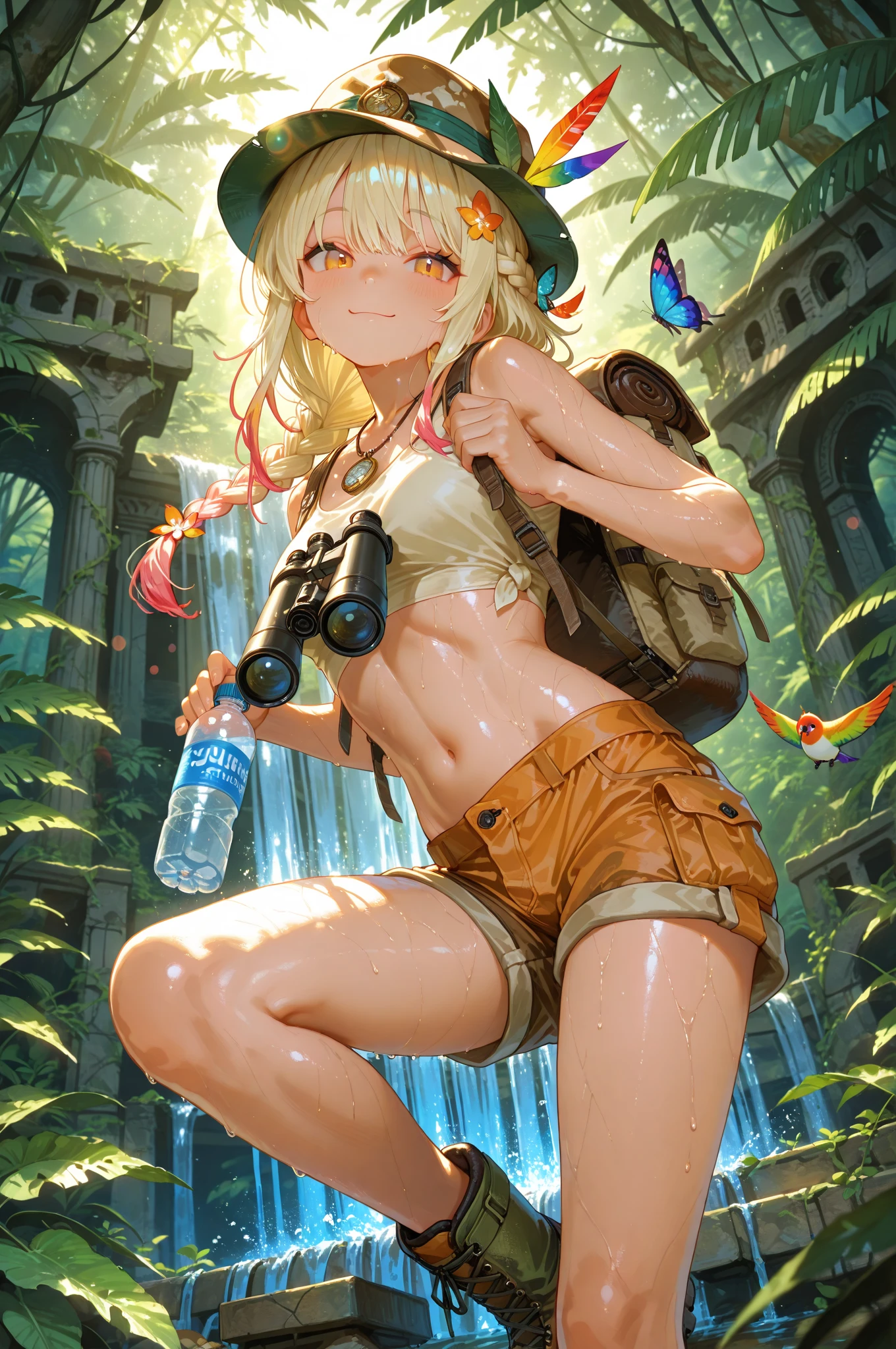 sfw,Girl with blonde hair and freckles,Girl swiming In The forest's river,1girl in,Blonde hair,Side tail,offcial art,Unity 8k,ultra-detailliert,Beautiful and aesthetic,masutepiece,top-quality,dynamic ungle,cowboyshot,Timost Beautiful Chaos Formo,Elegant,Abralist Design,vivd colour,romanticism,watercolor paiting, bra,((underwear))