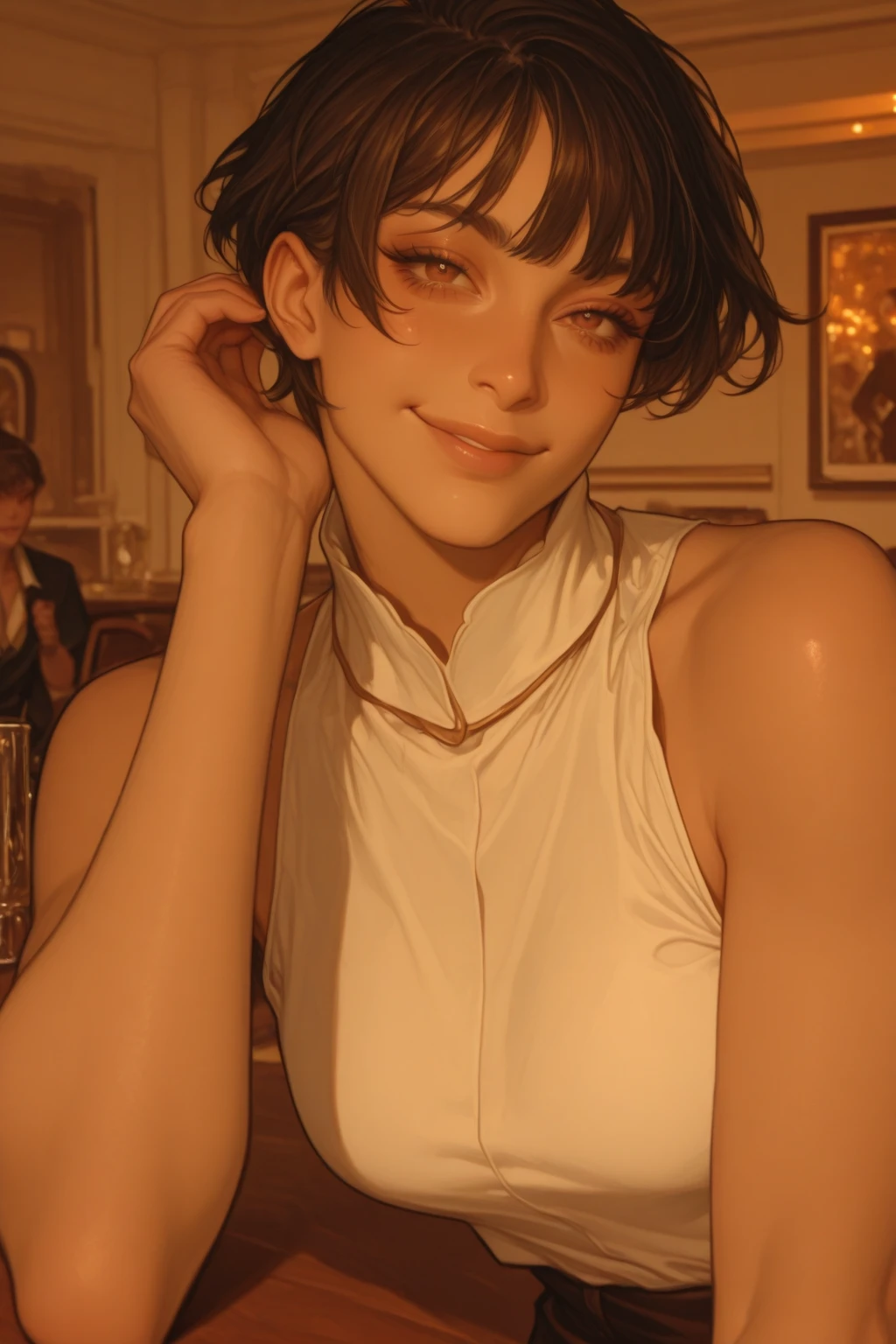 masterpiece, best quality, mawsloislane, (solo, female focus, 1girl:1.05), (half smile:0.75), blushing, solo, tanned, brown eyes, brown hair, short hair, upper body, wearing a fancy dark dress, jewelry, (petite, small breasts:1.1), hands in pocket, indoors, fancy restaurant background, sitting, mahogany wood table, mahogany wood chair, (candles:0.8), (window:0.8), (flowers:0.95), (dim lighting, atmospheric lighting:1.1), (detailed background:1.1), pantalones ajustados, mostrando su culo mirando desde atras, sexy, culo hermoso, cuerpo de diosa