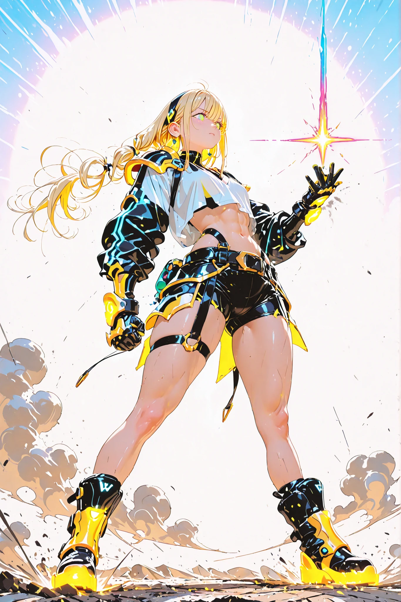 A powerful blonde warrior girl with wild, spiky hair flowing upward with glowing streaks, reminiscent of a supernatural energy transformation. Her expression is fierce and furious, eyes glowing with intensity. She wears an extremely short and tight pair of shorts that emphasize the lines of her firm thighs and lower abs. Her body is athletic and curvaceous — strong legs, thick thighs, wide hips, and an extremely narrow waist. She wears large, heavy boots and thick armored gloves with a futuristic design. Her chest is firm and prominent under a torn, short white V-neck shirt, exposing her toned midriff. The shirt has short, ragged sleeves, showing battle wear. Bright energy (ki-like) explodes around her body in swirling waves, crackling with raw power. She stands in a powerful pose on a cracked battlefield, dust and wind swirling around her. High detail, dynamic lighting, cinematic anime-style.