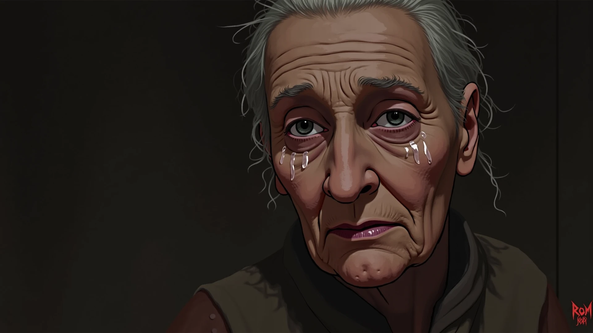 （Sharpness focus：1.2），An award-winning photo of an old farmer's wife，water dripping，Thunderstorm outside，lightning back lighting，，lines on face，wrinkles，Extremely detailed skin，grieves，be desperate，Cloudy eyes，（deep shading：1.1），hight contrast，beautidful eyes，absurderes，8K，（high qulity：1.3），，artstation hd，concept-art，Detailed face and body，Award-winning photography，（moodylighting：1.2），depth of fields， bokeh， 4K， HDR