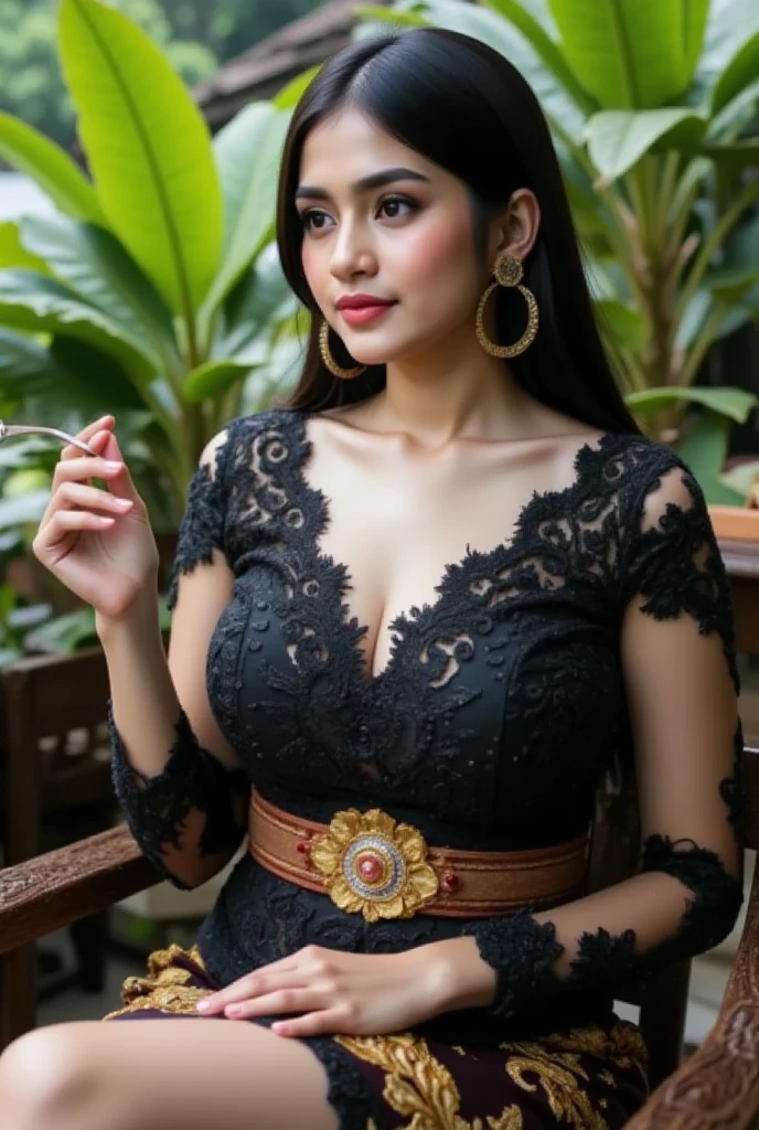 A queen, 1 Javanese woman, adore face
a royal green kebaya attire with a high neckline.
Adorn a tiara or crown with intricate gemstones.
Concept: Channel an aura of regal sophistication with strong, charming poses, half body shots.
RAW photoshots, masterpiece
nikon d850, 85mm high angle shot , extreme details on eyes , extreme details on face , extreme details on hands and fingers, (bright skins : 1), firm big hips, bulge big breast, ample cleavage, sun-tanned lights, bokeh